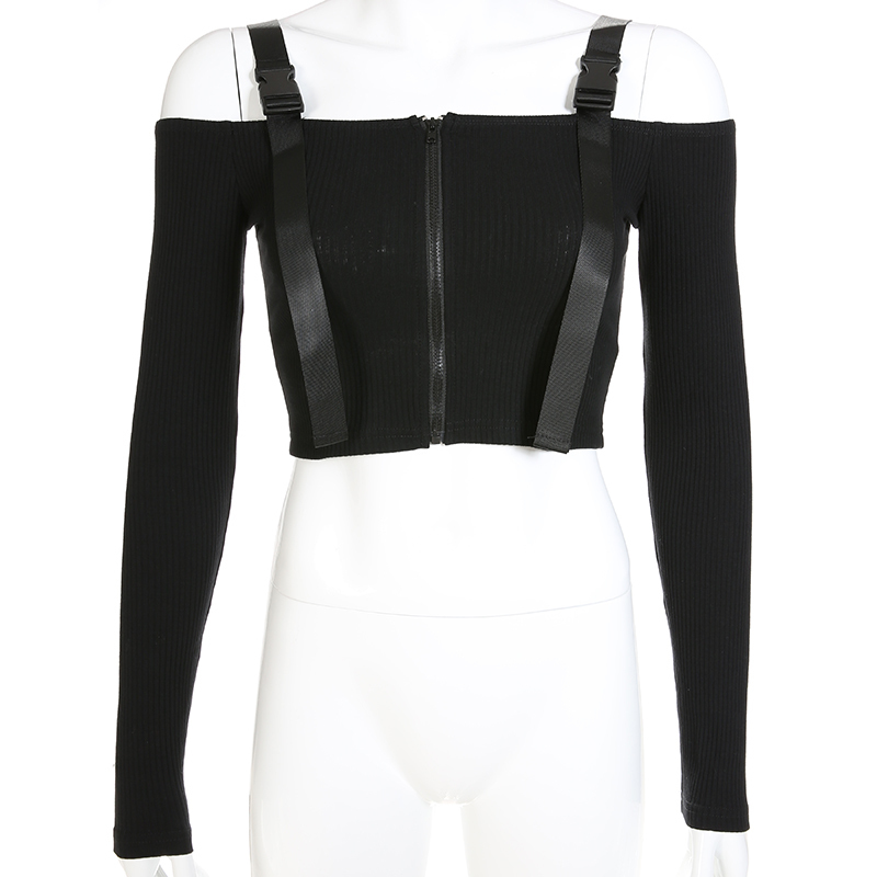 Rockmore Gothic Ribbed Knitted Long Sleeve T-Shirt Women Bodycon Buckle Strappy Zipper Streetwear Femme T Shirts Top Tees Autumn 201028