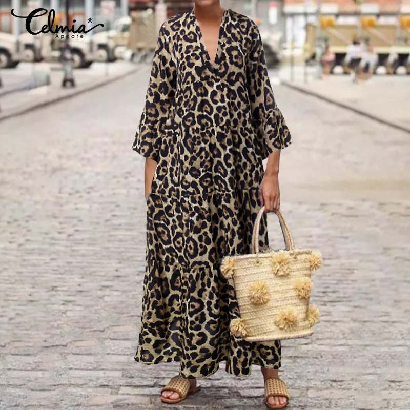 Bohemian Women Sexy Leopard Print Dress Celmia Autumn Flare Sleeve Loose V Neck Pleated Maxi Long Vestidos Robe Plus Size T200416