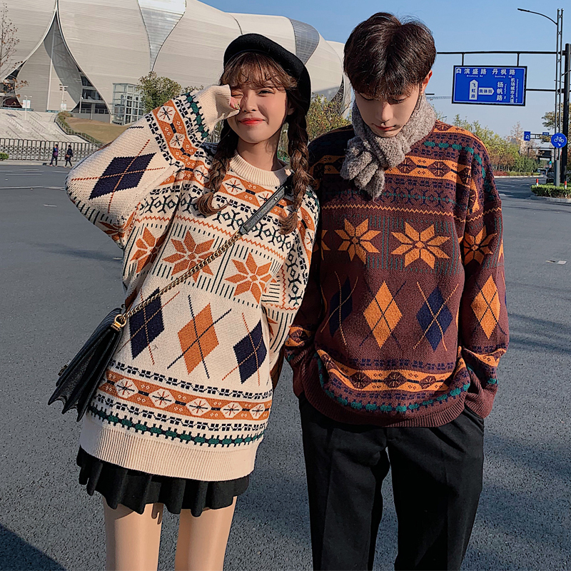 Vintage Thicken Geometric Pattern Women Sweaters Autumn Winter Pullovers Jumpers Female Korean Knitted Sweater couple 210203