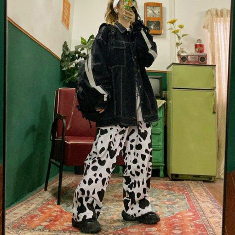 QWEEK Cow Print Pants Women Loose Wide Leg Pants for Women Streetwear Women Oversized Trousers Plus Size Print Palazzo Pants 201228