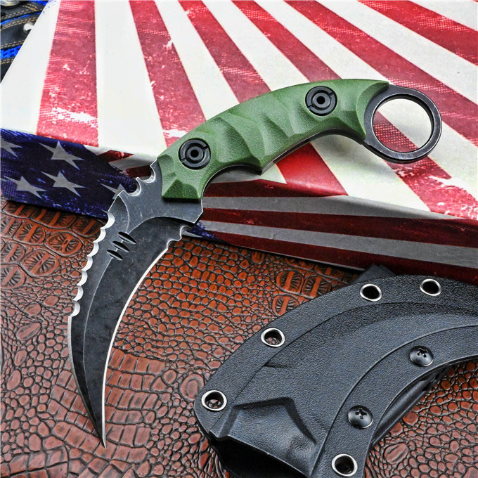 High Quality Outdoor Survival Tactical Fixed Claw Knife D2 Black Stone Wash / Satin Blade Full Tang GRN Handle Karambit