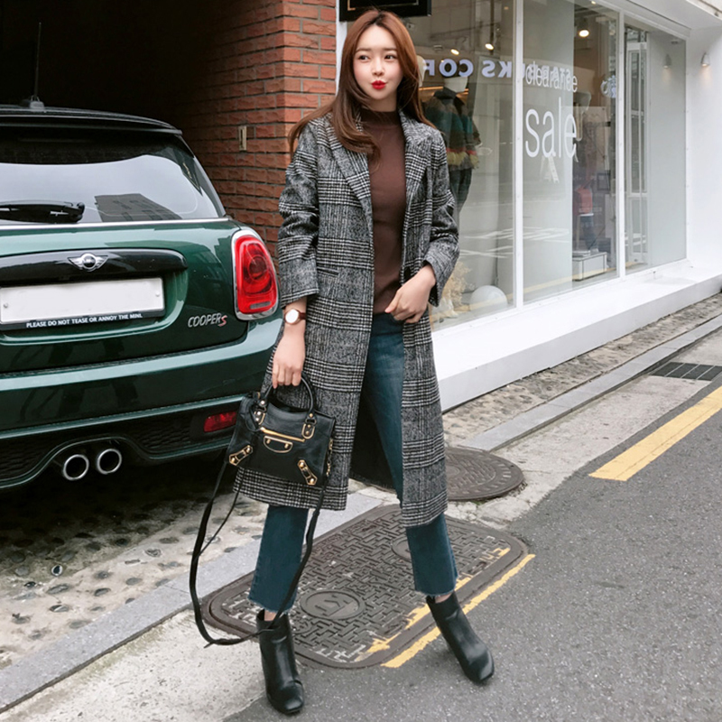 Spring Autumn Women's Plaid Coat New Fashion Long Slim Type Female Winter Wool Jackets Outwear 201112