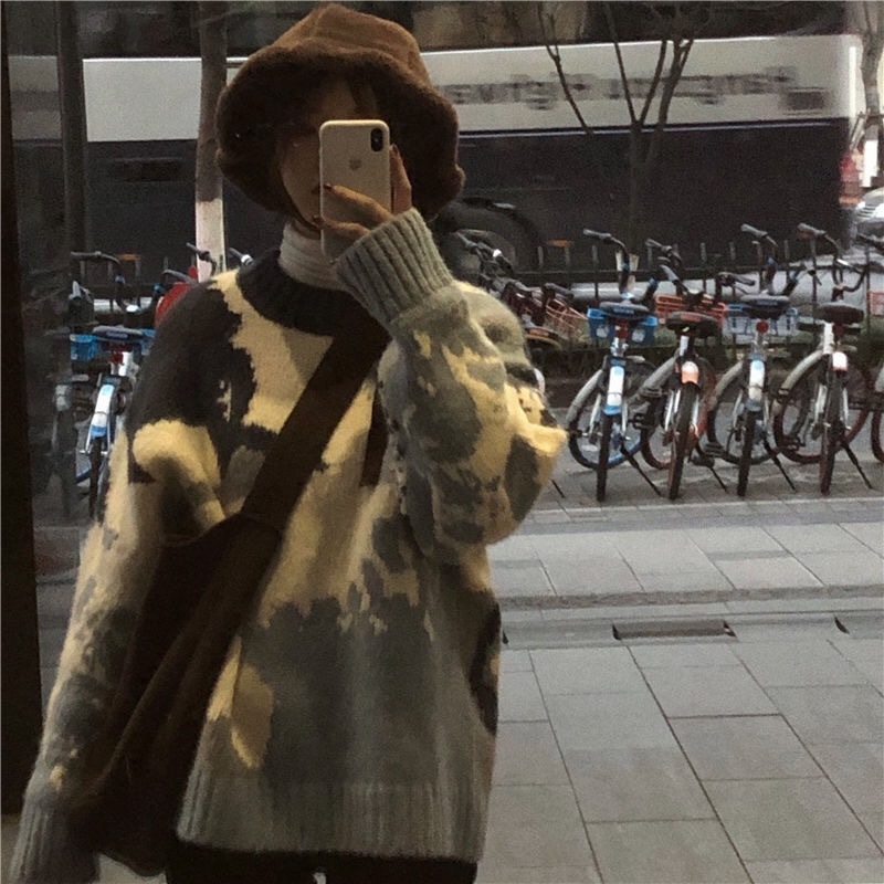 Woherb Contrast Color Print Sweater Women Pullover Autumn Winter Korean Thick Long Sleeve Knit Jumper ONeck Warm Sweaters 201017
