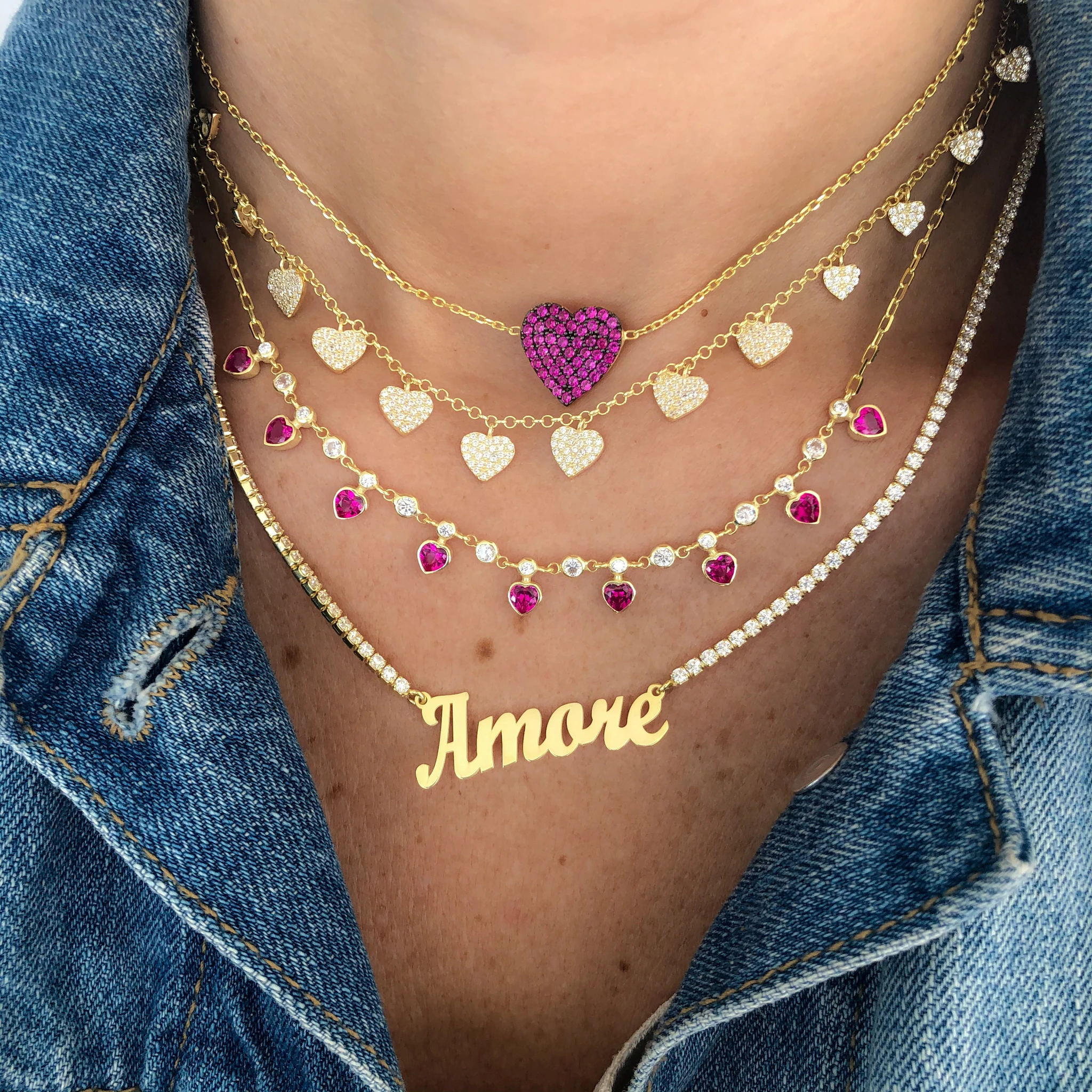 2021 gold metal color red blue green white heart drop charm cz station link chain choker necklace for 2021 valentines day gift
