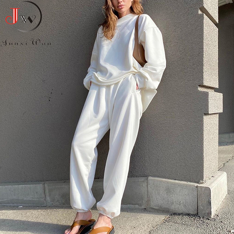 Casual 2 Piece Set Women Solid White Sweatshirt Suit Long Sleeve Hoodies Pullovers Elastic Waist Full Length Pants Set 201119