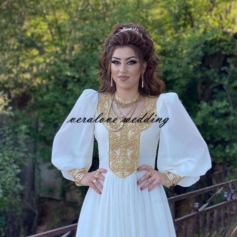 New White Chiffon Moroccan Kaftan Wedding Dress Long Golden Appliques Saudi Arabic Muslim Bridal Party Dress Custom Made