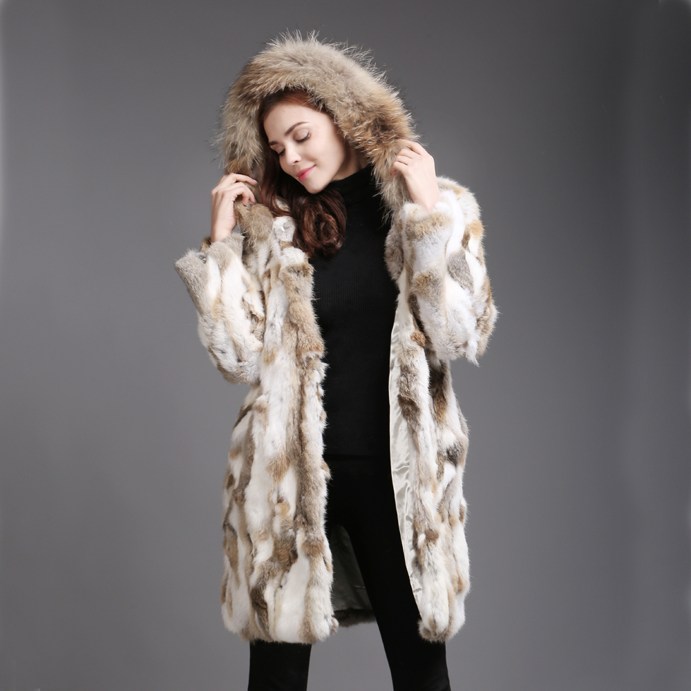 New Fashion Women Real Coat Winter Warm Soft Jacket With Raccoon Collar Hooded Rabbit Fur Outerwear LJ201204