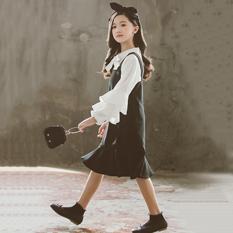 Girls Cotton Clothing Set Autumn 2020 New Kids Girks Solid Blouse and Strap Dress Set Teenage Girls Elegant Two Piece Set, #8912 Y1117
