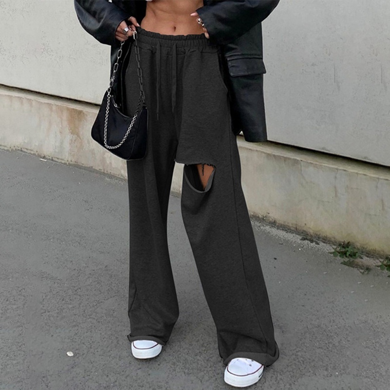 Punk Wide Leg Pants Women Casual Loose Streetwear Outfits Hole High Waist Hip Hop Women Sweatpants Casual Pants Black Gray 201106
