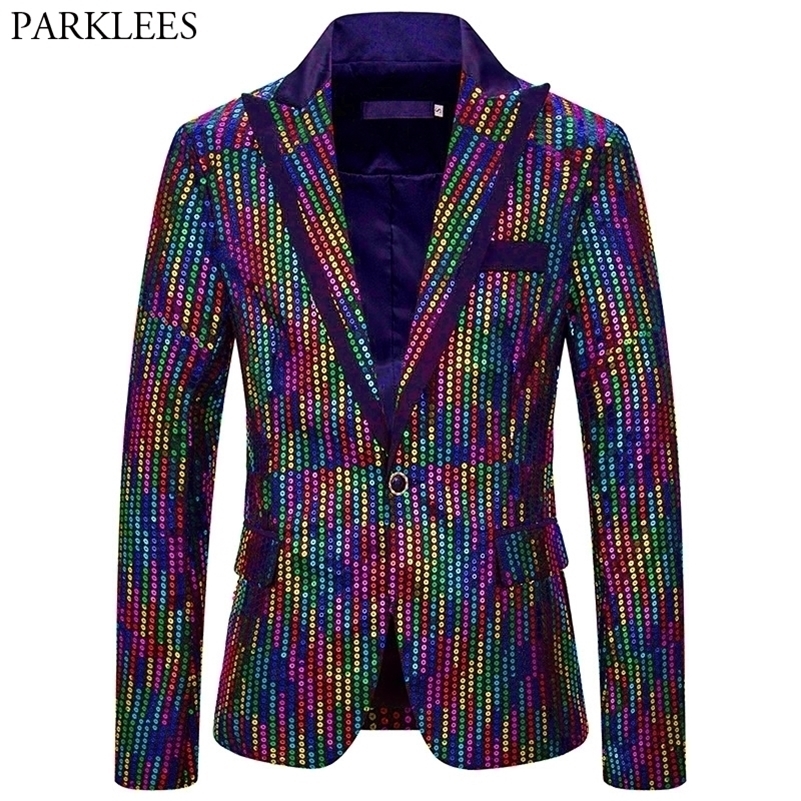 Colorful Rainbow Glitter Sequin Blazer Jacket Men One Button Peak Lapel Slim Mens Blazers Party Stage Prom Clothes for Singers 201104
Colorful Rainbow Glitter Sequin Blazer Jacket Men One Button Peak Lapel Slim Mens Blazers Party Stage Prom Clothes for Singers 201104