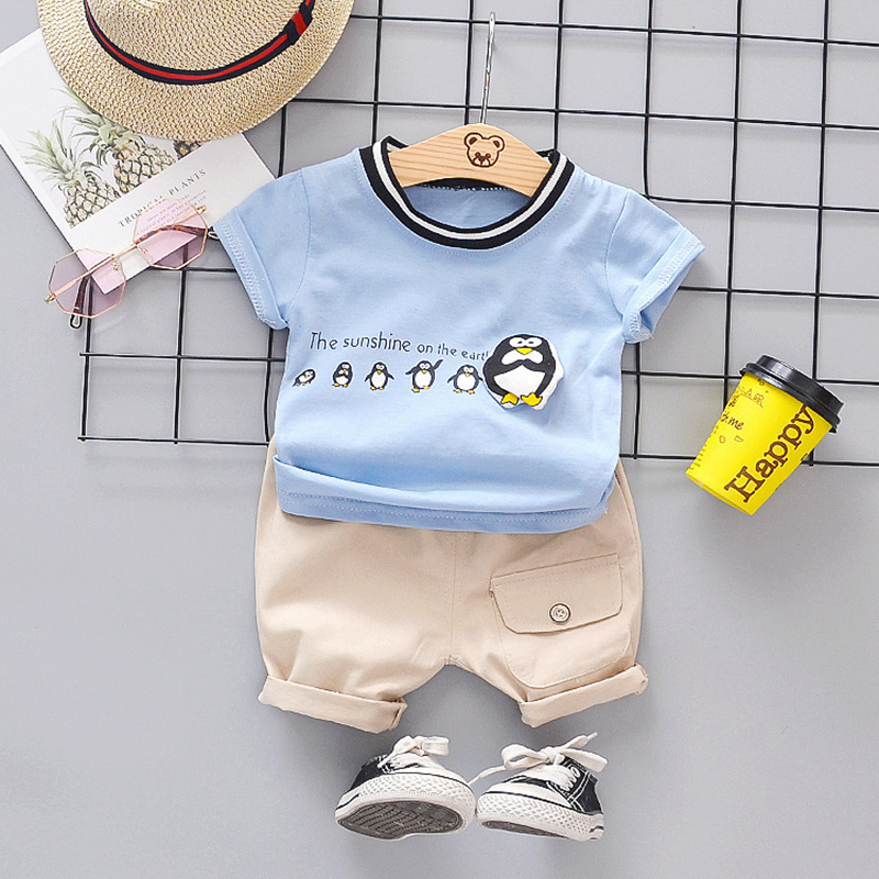 Penguin Pattern Kids Short Sleeve Suit Baby Boys Girls Clothing Sets Children's T-shirts+Shorts 2Pcs Boy Girl Clothes Cute KidsX1019