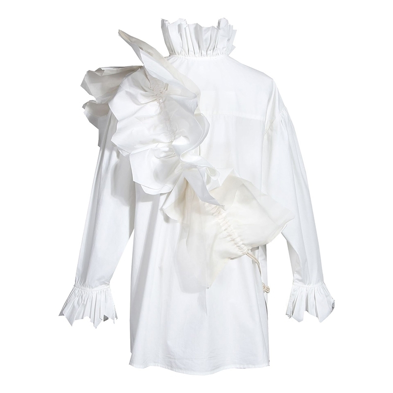 [EAM] Women White Ruffles Split Blouse New Stand Collar Long Sleeve Loose Fit Shirt Fashion Tide Spring Autumn 1N882 201126