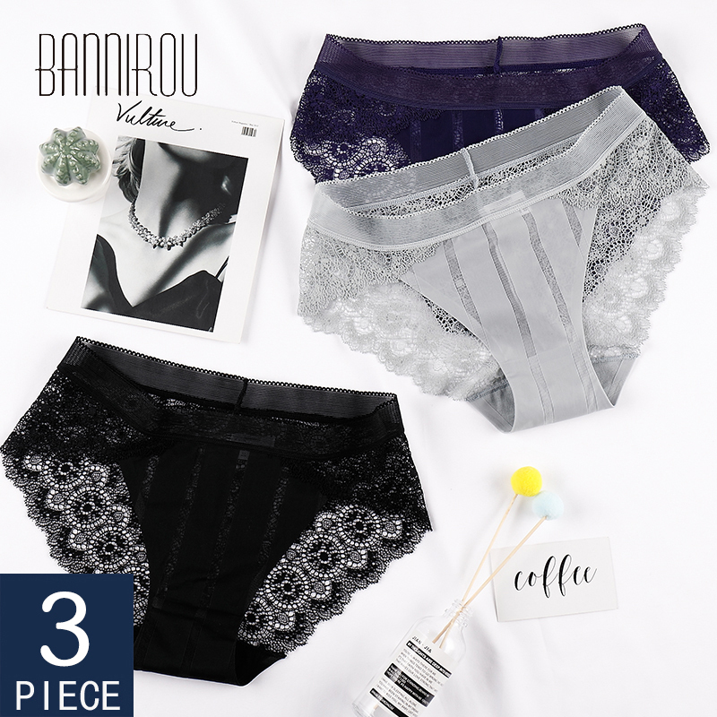 BANNIROU Woman's Briefs Sexy Lace Lingerie Underwear For Woman High Quality Soft Hot Sale Fashion Female Panties M-XL 3 Pieces 201112