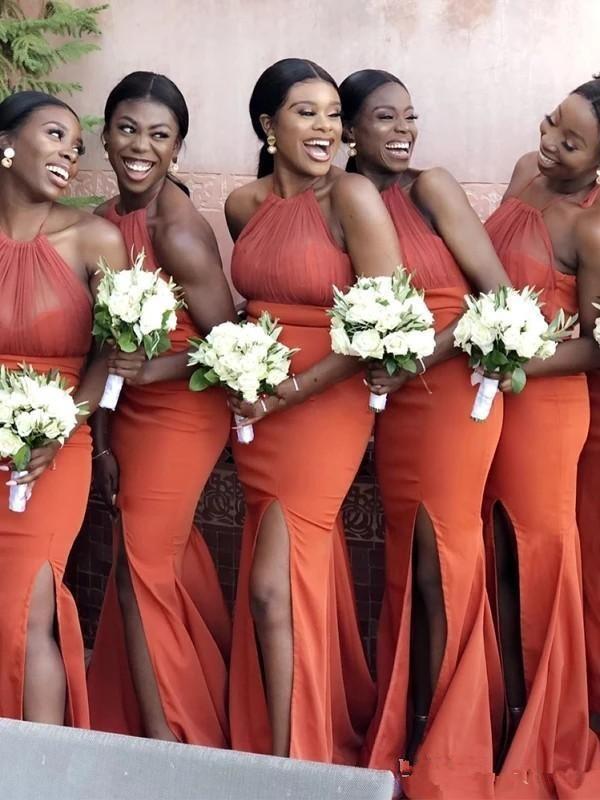 Orange Halter Bridesmaid Dresses Side Slit Floor Length Mermaid Prom Evening Gowns Pleats Maid Of Honor Dress
