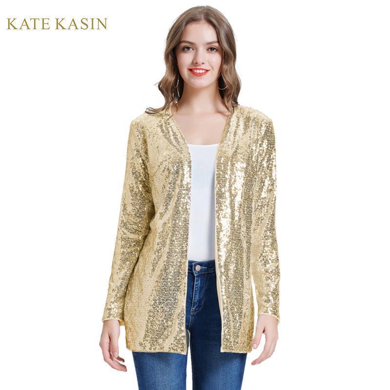 Kate Kasin Women Sparkle Sequin Coat Jacket Stunning Open Front Long Sleeve Cardigan Outwear Fashion Sequins Streetwear T200212