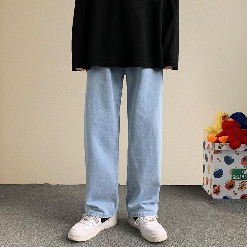 Mens Jeans Autumn Streetwear Baggy Korean Fashion Loose Straight Wide Leg Pants Male Brand Clothing Black Light Blue