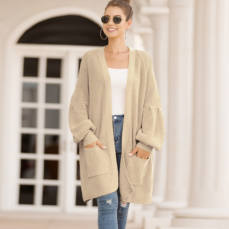 Spring and Autumn Cardigan Sweater Lantern Sleeve Loose and Plus-sized Casual Sweater Women long coat womens sweater 201203