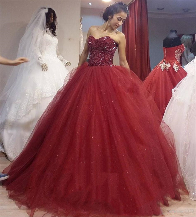 Tulle Burgundy Ball Gown Quinceanera Dresses Sparkly Beaded Sweet 16 Plus Size Party Prom Evening Gowns Custom Made QC1521
