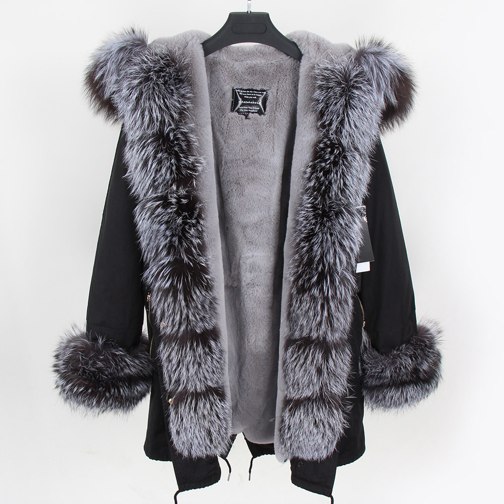 Maomaokong Winter Women Natural fox coats Real Fur Long Black Jacket Cotton thick warm parkas Faux fur lining 201112