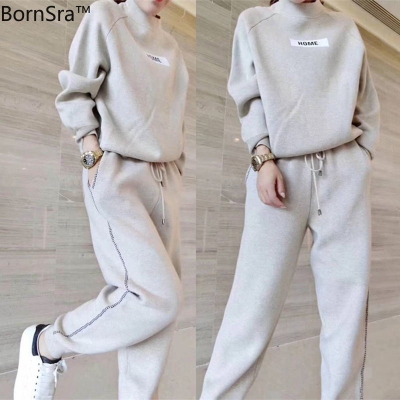 BornSra Spring New Women Fashion Cashmere Knitted Sweater Sets Sportswear Long-sleeved Trousers Two-piece Sets Tracksuit 201120