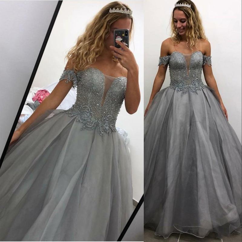 Sexy Off Shoulder Gray Quinceanera Dresses Ball Gown Illusion Lace Crystal Beading Tulle Sweet 16 Formal Party Dress Prom Evening Gowns