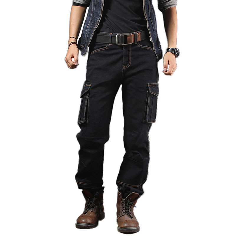 Idopy Men`s Casual Motorcycle Workwear Multi Pockets Denim Biker Cargo Jeans Pants For Male Plus Size 201223