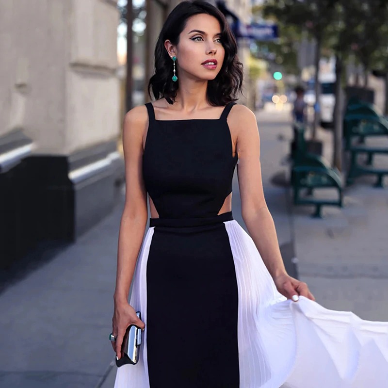 Chic Chiffon Prom Dresses Fashion Design White And Black Evening Dresses Summer Sexy Back Sweep Train Custom Made Formal Pageant Gown