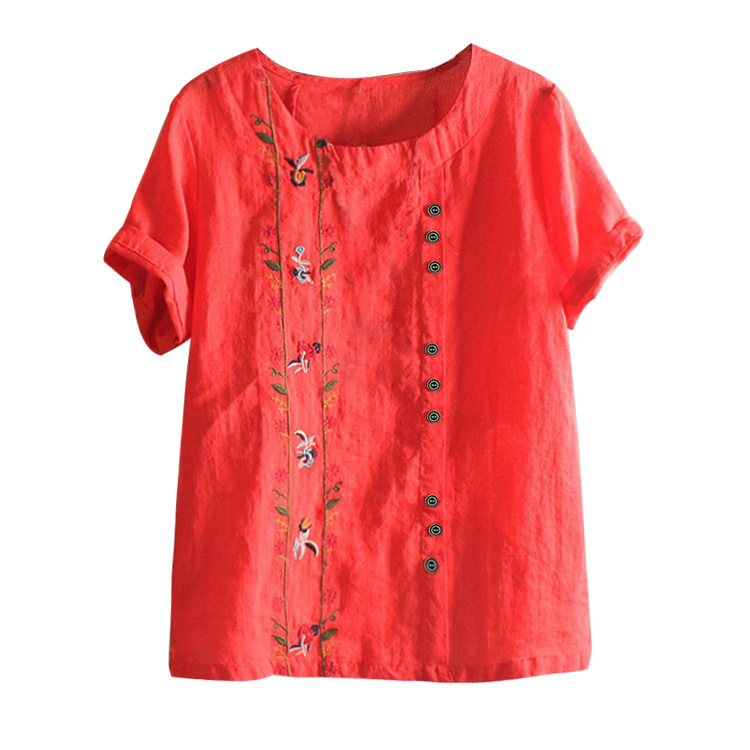 plus size 5xl Summer Kawaii Embroidery of cotton and linen flowers T Shirts Women o neck Short Sleeve Tops Tees Casual Female