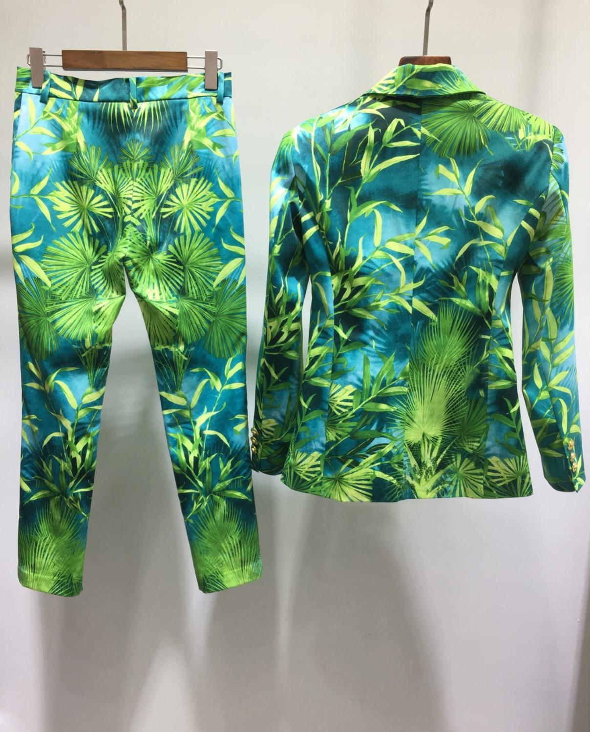 Summer Women's Two Piece Pants Blazer Coat Vintage Print Green Jungle Print Party Sets Vestidos 201007