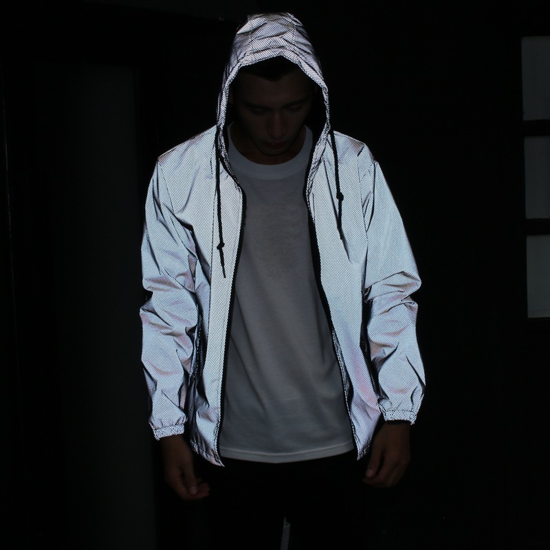 Aolamegs Men Jacket Hip Hop Windbreaker Reflective Jacket Zebra Stripe Fluorescent Coat Hooded Couples Thin Hoodie Cardigan 201106