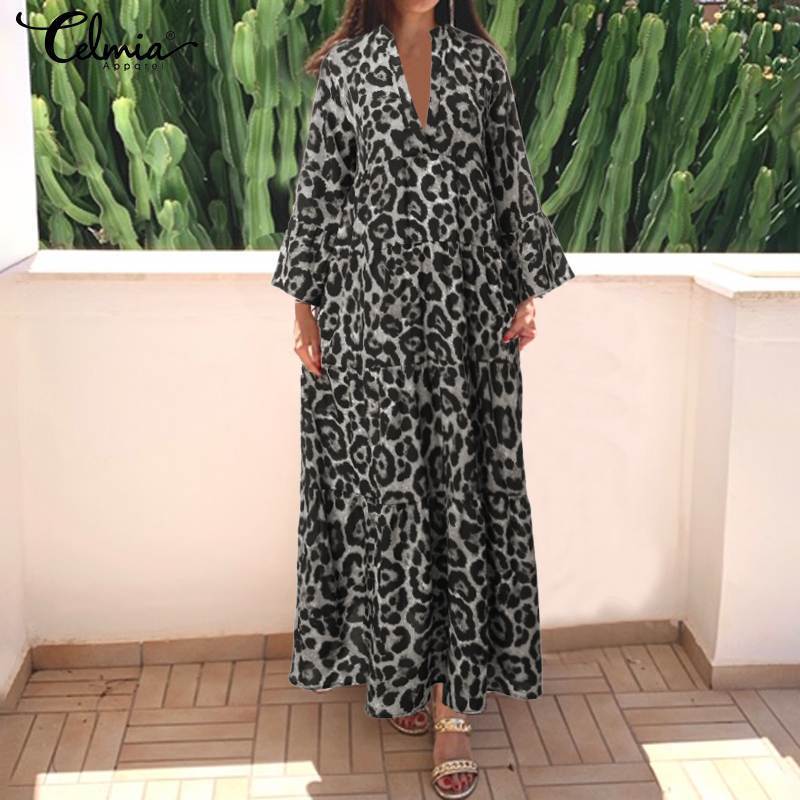 Bohemian Women Sexy Leopard Print Dress Celmia Autumn Flare Sleeve Loose V Neck Pleated Maxi Long Vestidos Robe Plus Size T200416