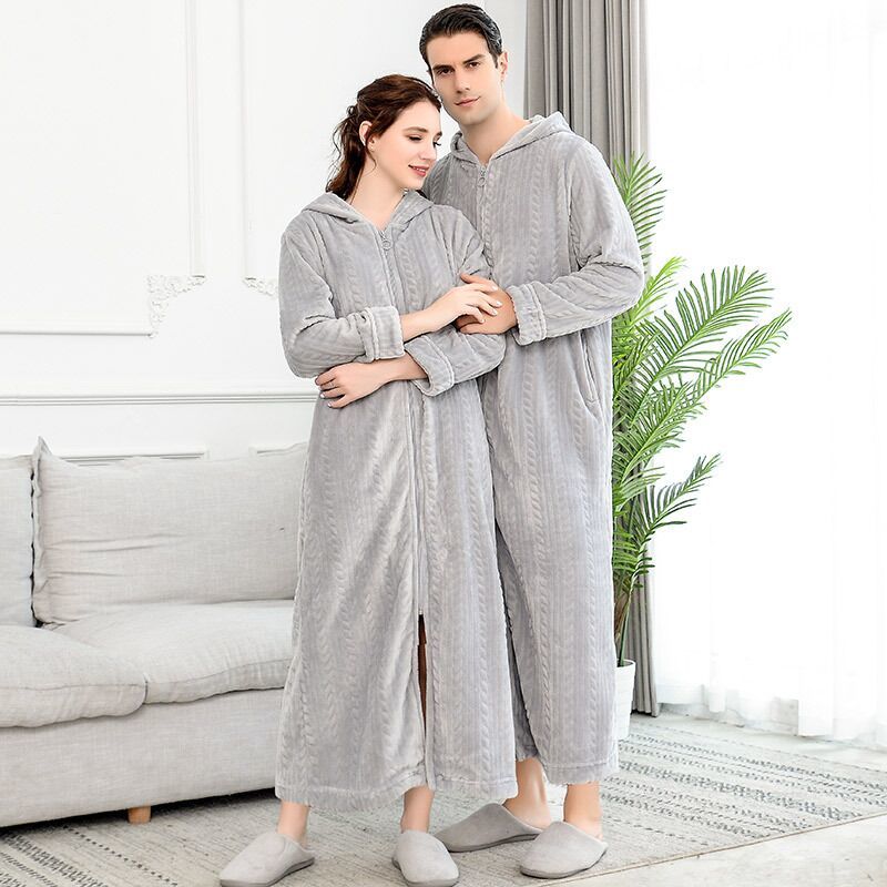 Extra Long Plus Size Winter Warm Flannel Bathrobe Women Men Zipper Hooded Bath Robe Couple Thicken Warm Dressing Gown Sleepwear 210203