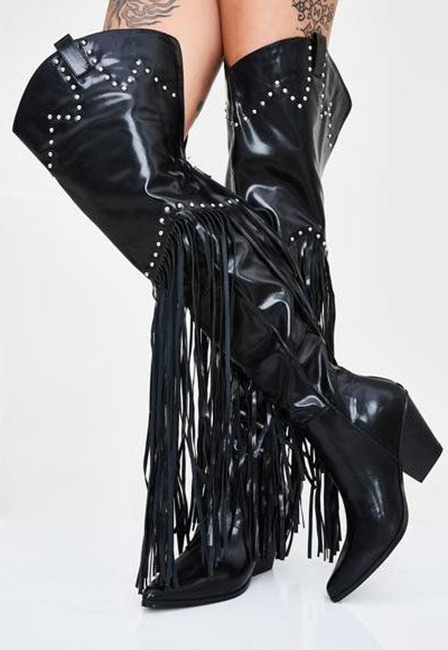 Roman Fashion Woman Small Rivets Studs Fringed Thigh High Boots Chunky Heel Woman Pointed Toe long Tassel Over Knee Knight Boots, Black
Roman Fashion Woman Small Rivets Studs Fringed Thigh High Boots Chunky Heel Woman Pointed Toe long Tassel Over Knee Knight Boots, Black