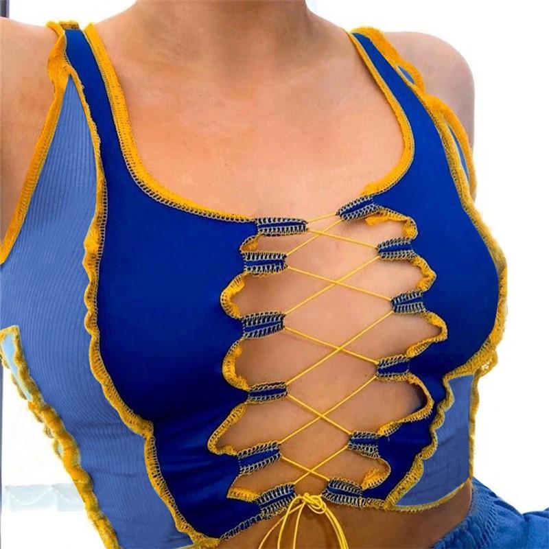 2020 Summer Women' Sexy Hollow Bandage Crop Top Sleeveless Low Collar Fashion Street Gym Running Sports Top, Blue
2020 Summer Women' Sexy Hollow Bandage Crop Top Sleeveless Low Collar Fashion Street Gym Running Sports Top, Blue