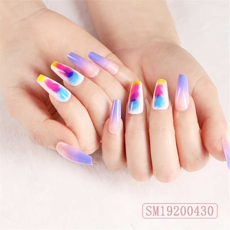 24 pieces/set of long coffin fake nails European rainbow ballerina DIY full nail art techniques colorful beauty fake nails