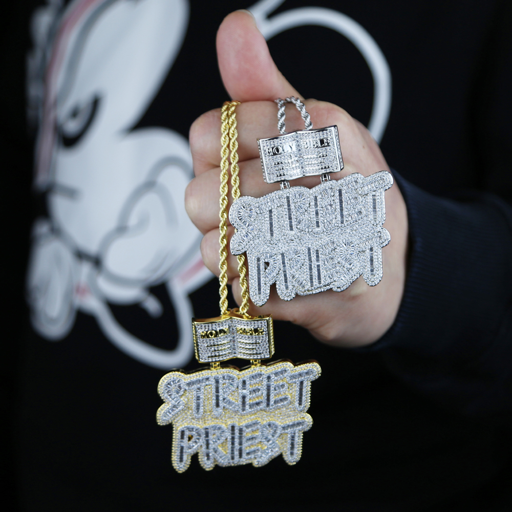 Iced out Women Men Full cubic zircon paved silver color letter stkeet pkiest charm pendant Necklace For punk Hip hop Jewelry wholesale
