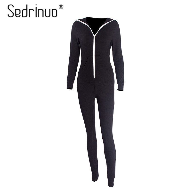 2017 Casual Women Outfits Jumpsuits Long Sleeve Bodycon Front Zipper Hooded Long Pants Sexy BlackRed Rompers Playsuit T200509