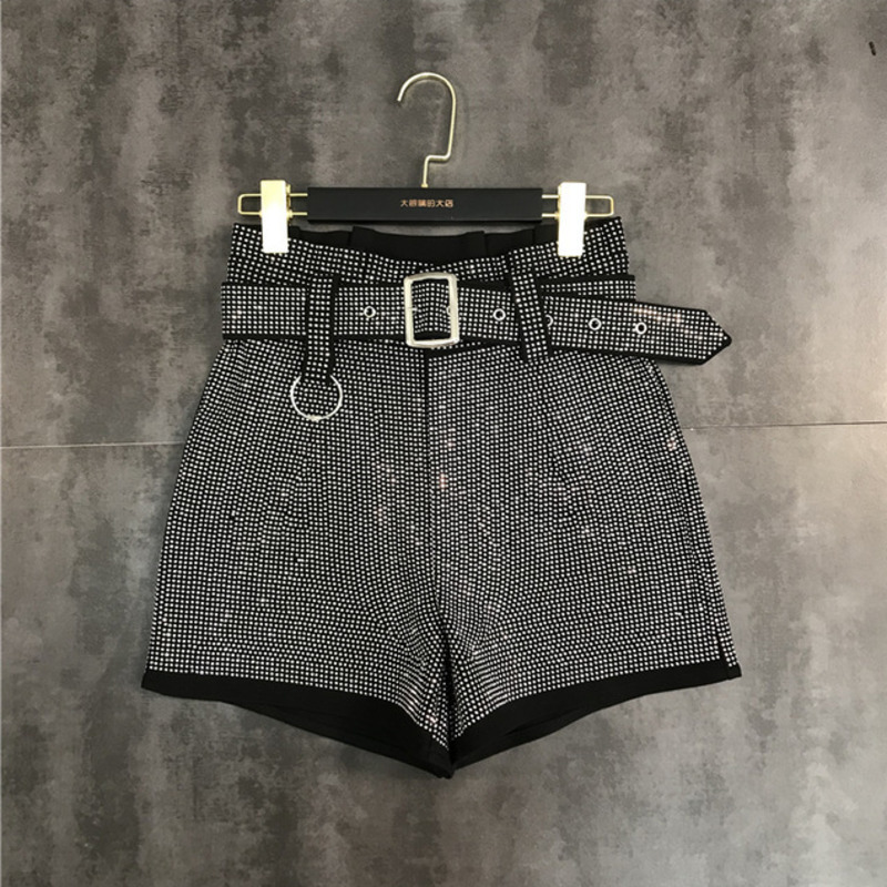 DEAT Spring Long Sleeve Rhinestone V Neck T Shirt High Waist Diamond Shorts With Belt Two Piece Set Women Outfits MH558 T200325