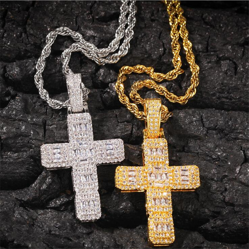 Hip Hop Cross Pendant Necklace for Men & Women 2024 Vintage Jewelry Gold Fill Stainless Steel Chain | Princess Cut White Topaz CZ Dia
