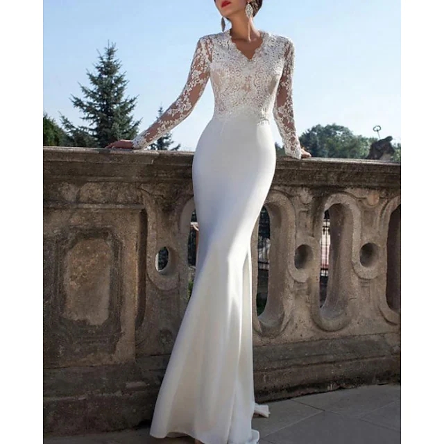 2022 Trumpet Wedding Dresses V Neck Sweep Train Lace Bridal Gown Long Country Sexy Backless Illusion Sleeve Custom Size Vestido De Noiva Robe De Maria