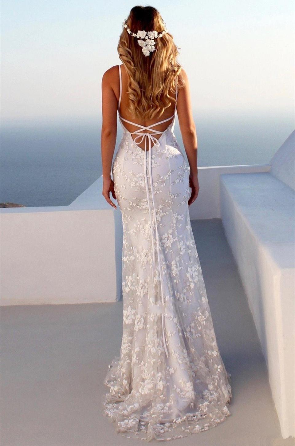 Backless Sexy Mermaid Dresses Spaghetti Straps Sweep Train Embroidery Lace Applique V Neck Wedding Gown Vestido De Novia estido