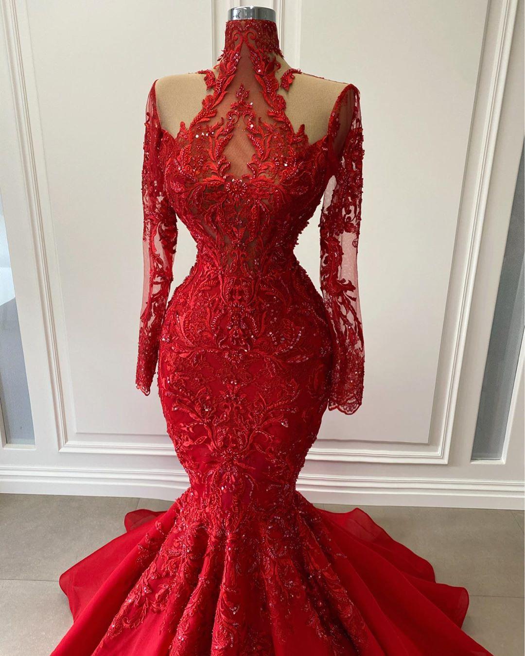 Arabic Aso Ebi Red Luxurious Lace Beaded Evening Dresses 2021 Red Shiny Long Sleeve High Neck Mermaid Prom Gowns Vestidos