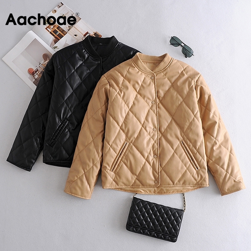 Aachoae Fashion Argyle Padded Jacket Women PU Faux Leather Long Sleeve Coat Female Loose Casual Ladies Winter Jackets 201028