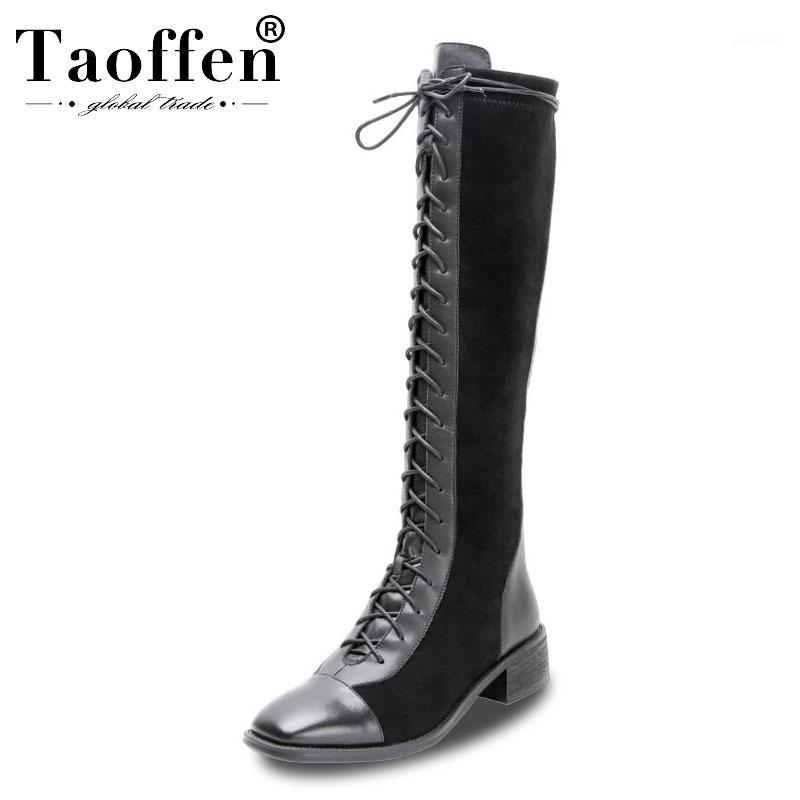 

Taoffen 2020 Real Leather Motorcycle Boots Woman Sexy Ladies Daily Casual Flats Boots Brand Knee High Footwear Size 34-421, Black