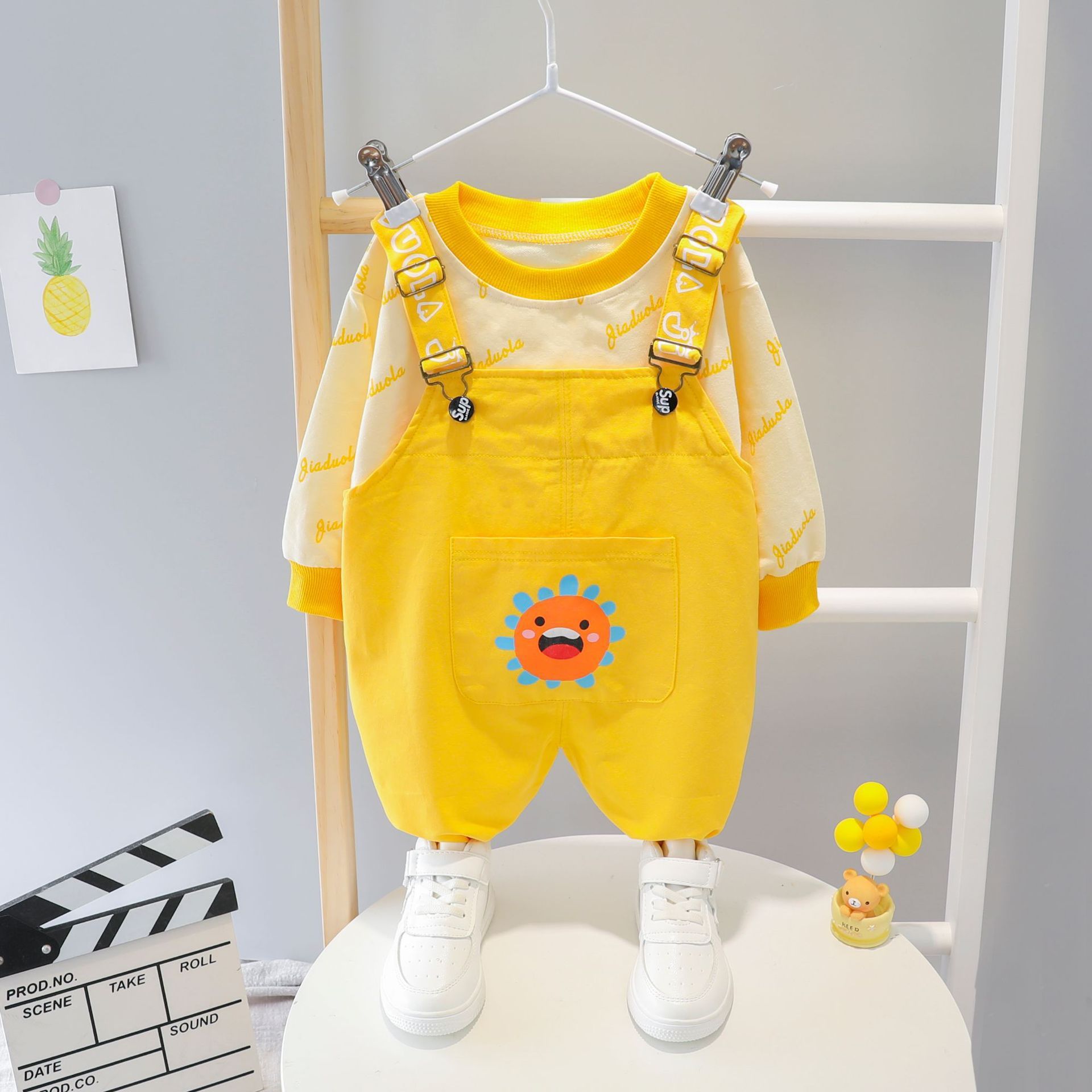 Children Baby Loose T-shirt New Style Long-sleeve round Neck Sweater for Girl Hoodie Versatile Candy-Colored Suspender TrousersX1019