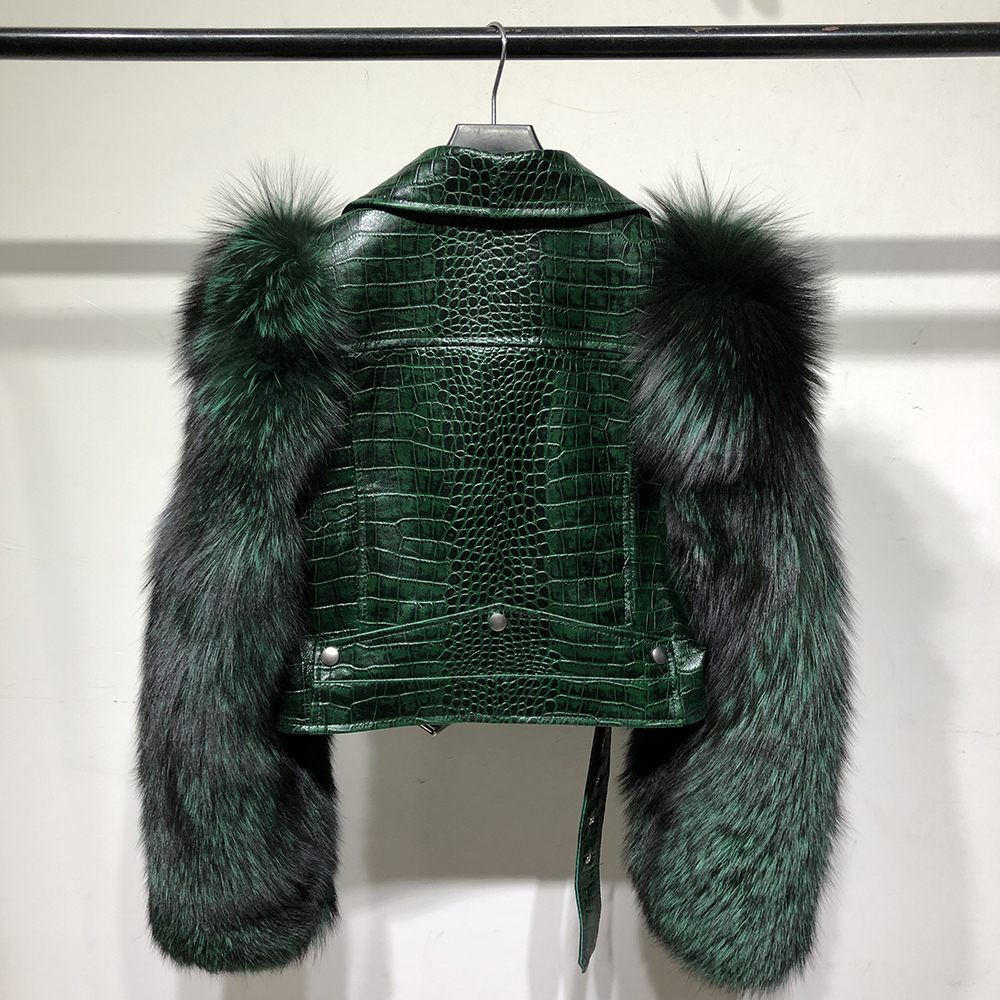 YOLOAgain Women Real Silver Fox Fur Sleeve Crocodile Pattern Genunie Leather Jacket Short 201224