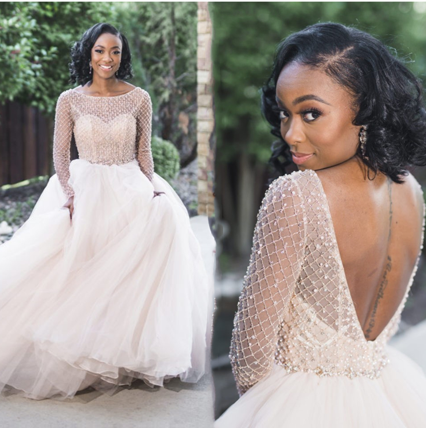 2021 Gorgeous African Backless Wedding Dresses A Line Long Sleeves Pearls Beads Puffy Bridal Formal Dress Garden Country Wedding Gowns
