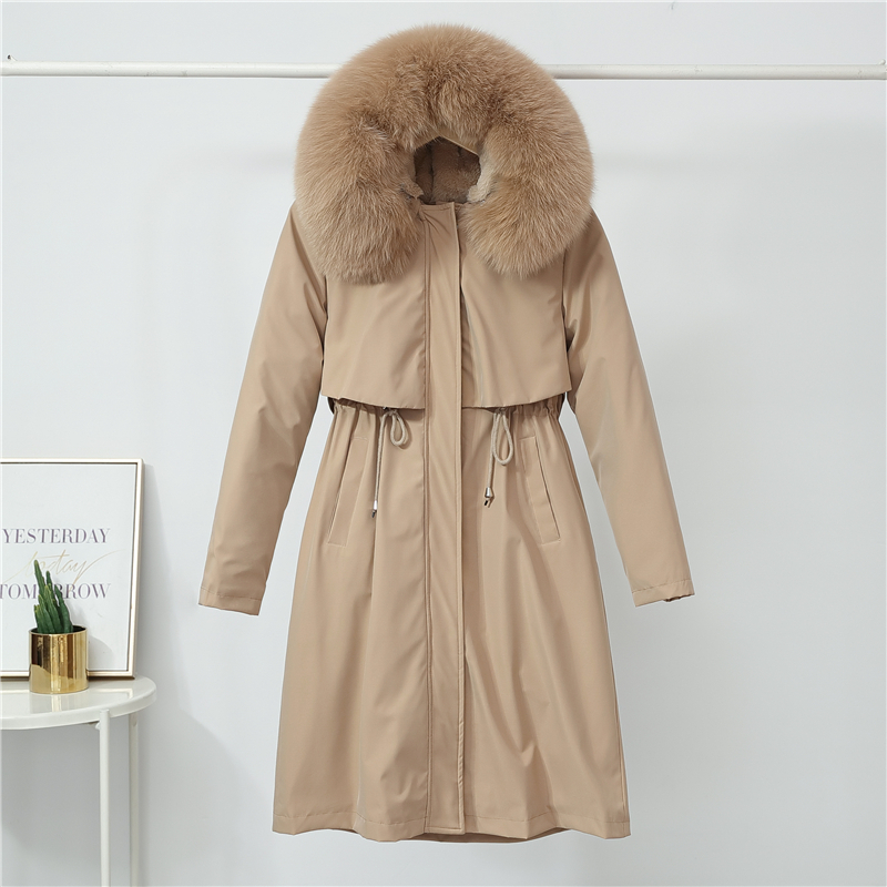 Slim Solid Long Hooded Down Parka Coat Winter Jacket Women Fashion Fur Collar Coat Removable Plush Liner Chic Coat 201027