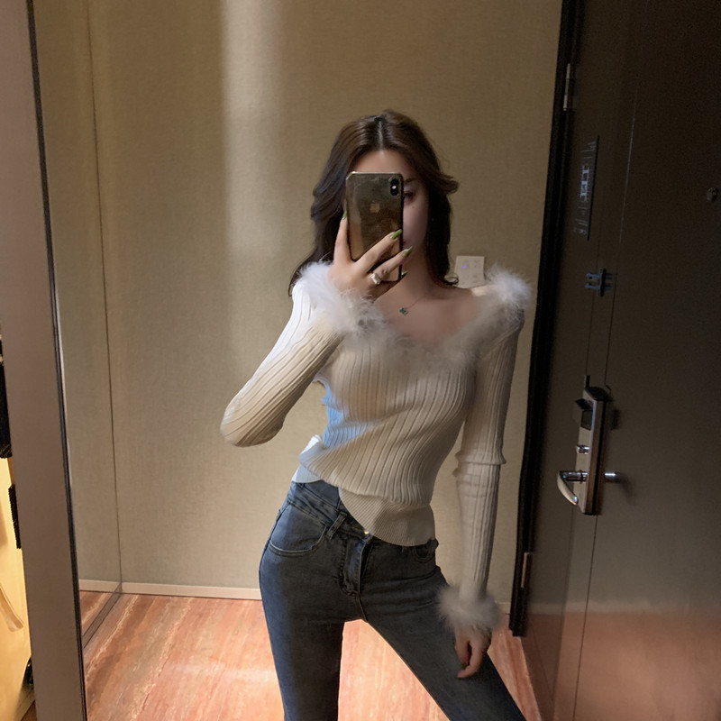 Women's Back Lace-up Sexy Sweater Plush Stitching Large V-neck Long-sleeved Knit Bottoming Sweater Top Ladies Club Tops ML259 201023