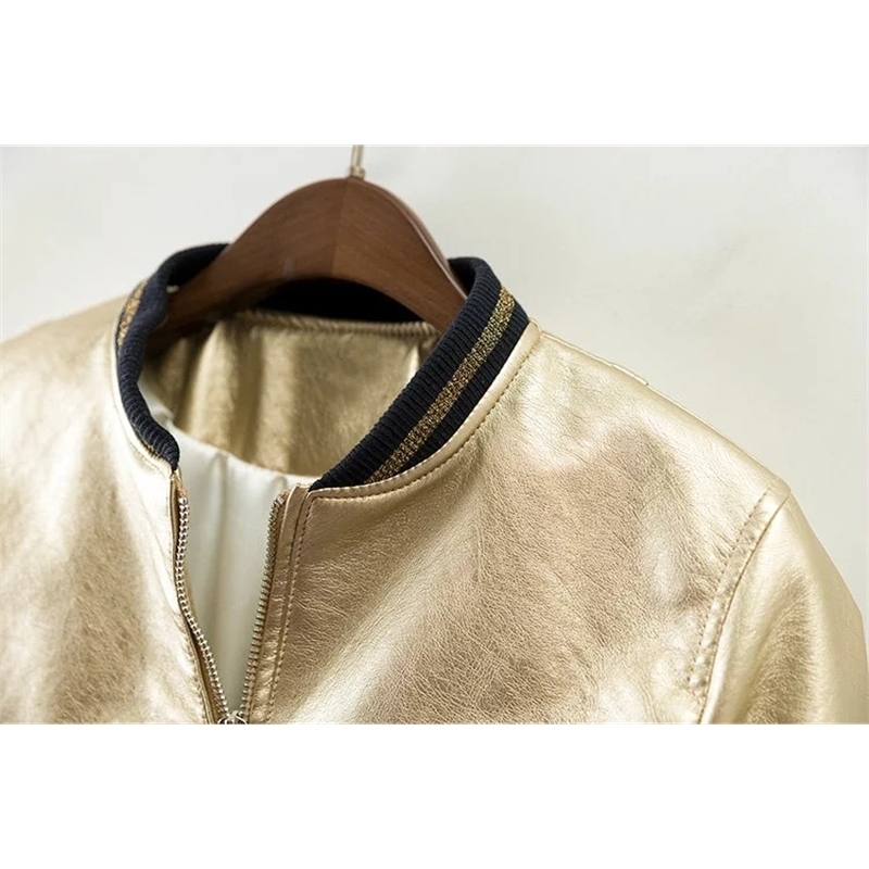Spring Cool Fashion Gold PU Leather Jacket Female Bomber Coat Stand Collar Striped Patchwork Silver Women's Jackets Streetwear 201109